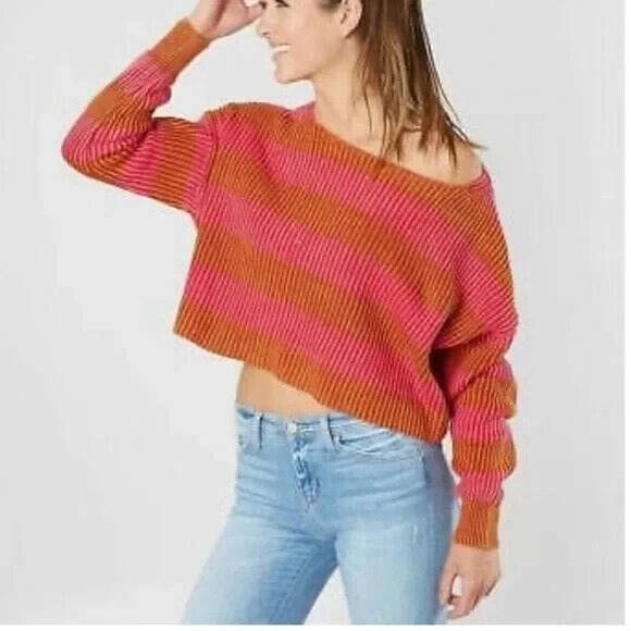 Free People Just My Stripe Sweater Pink Orange Round Neck Cotton Women Sz Small - Picture 2 of 6